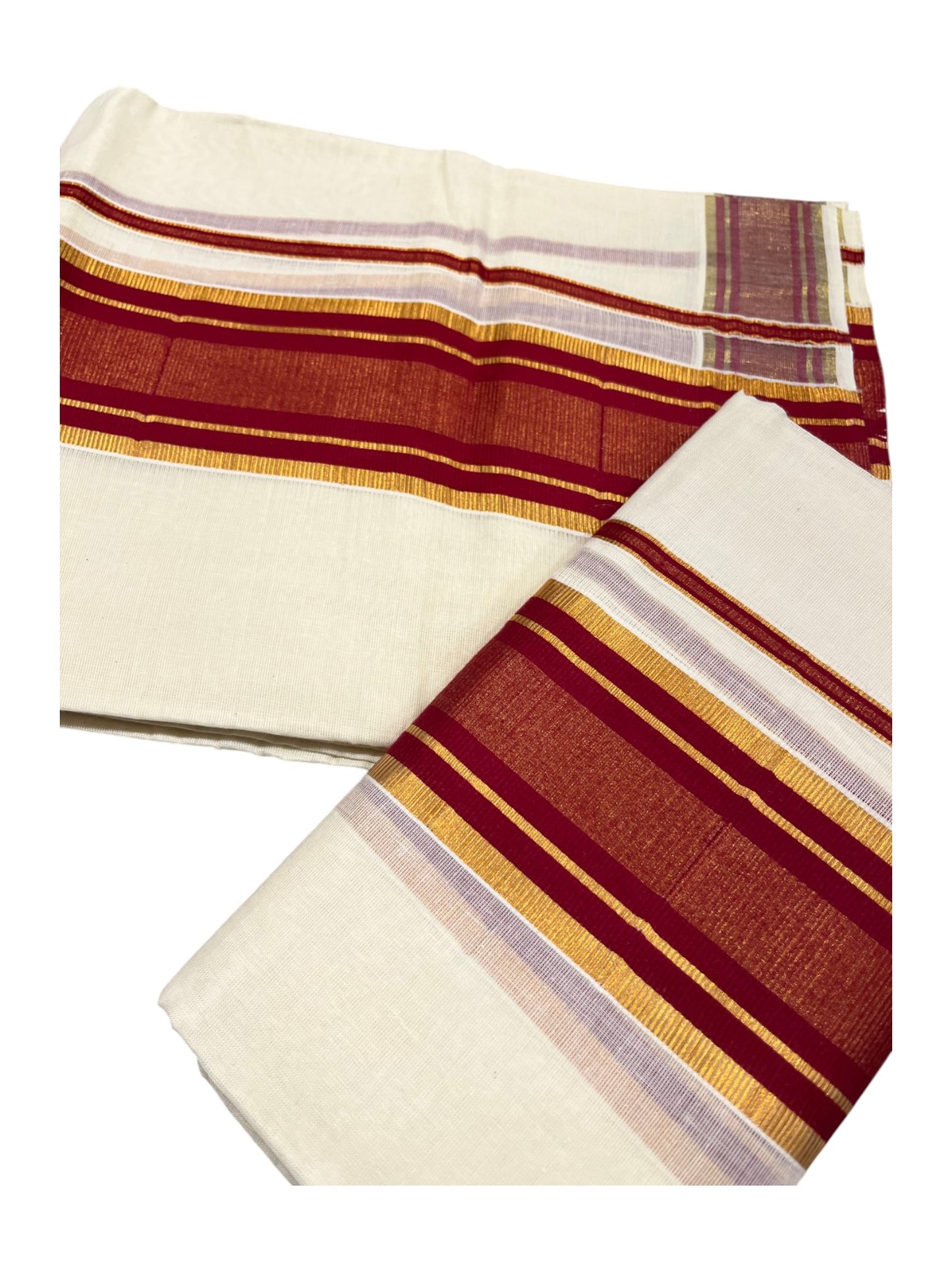 Southloom Kerala Cotton  Set Mundu (Mundum Neriyathum) with Kasavu and Maroon Border 2.80Mtrs