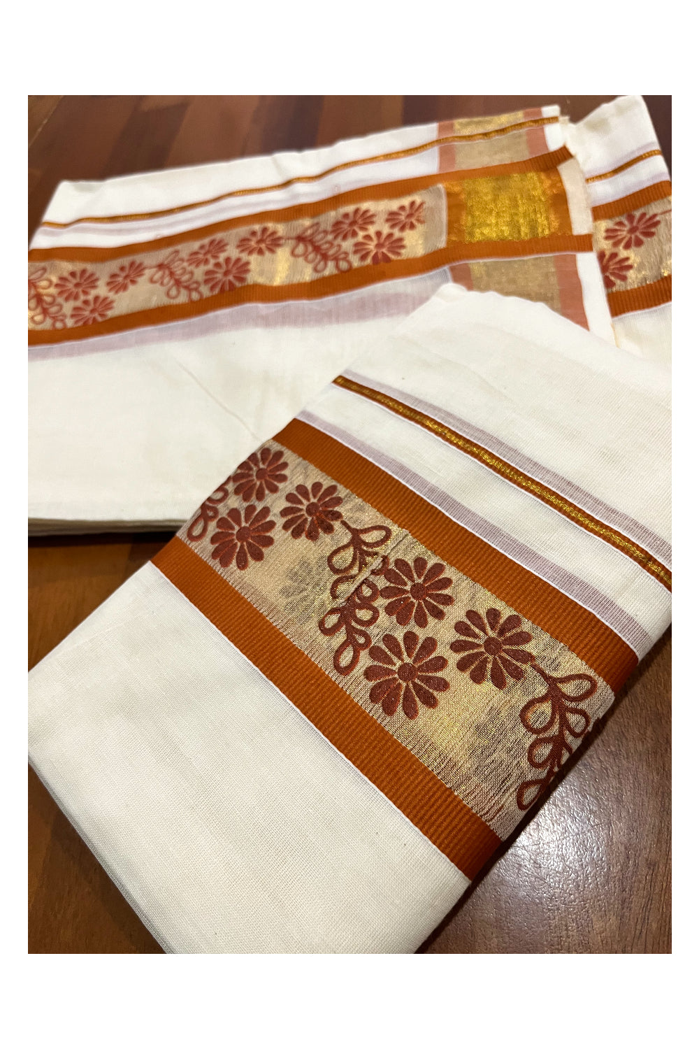 Kerala Pure Cotton Set Mundu Single (Mundum Neriyathum) with Orange Floral Block Prints on Border