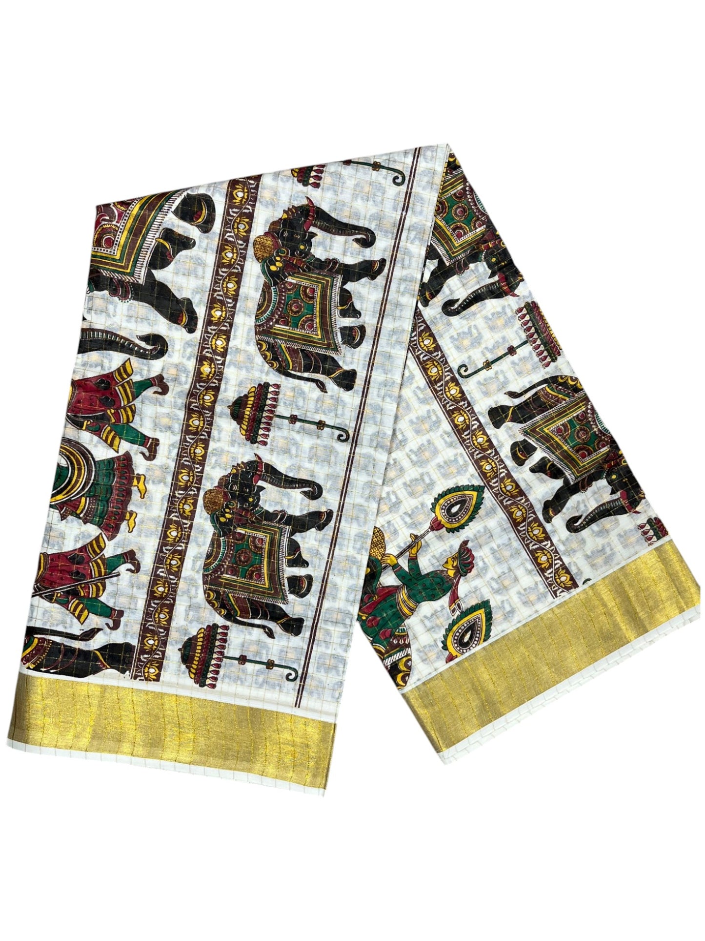 Southloom Kerala Cotton  Kasavu Check Saree With Mural Festival Parasol and Elephant Design