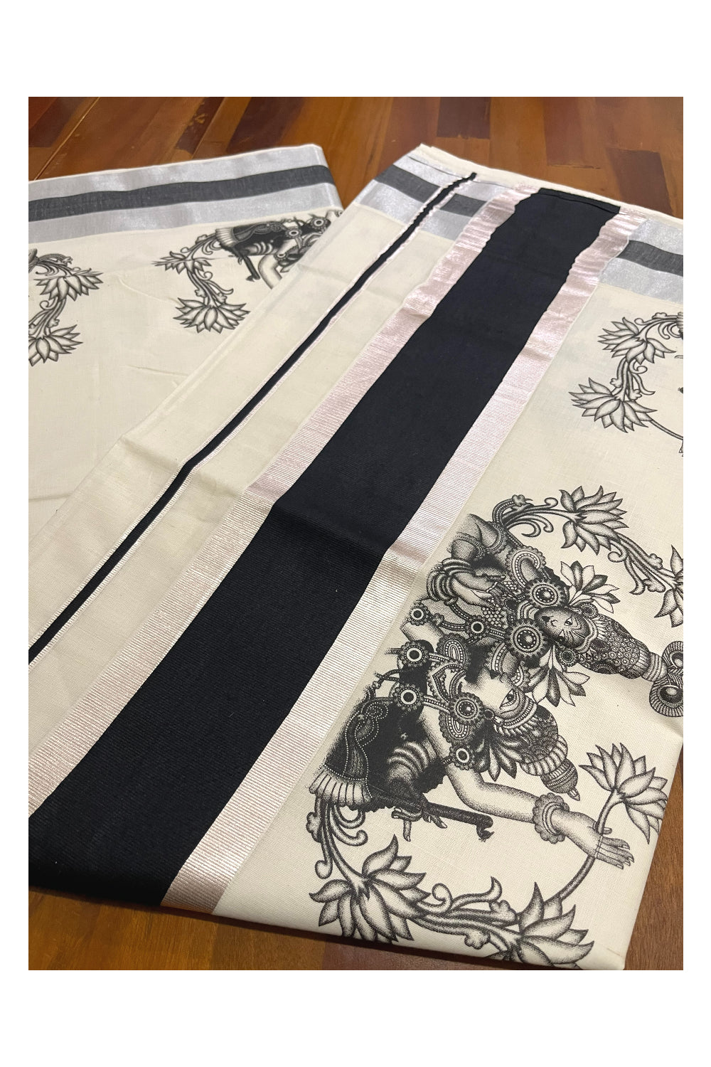 Pure Cotton Kerala Silver Kasavu Saree with Krishna Radha Mural Prints and Black Border (Onam Saree 2023)