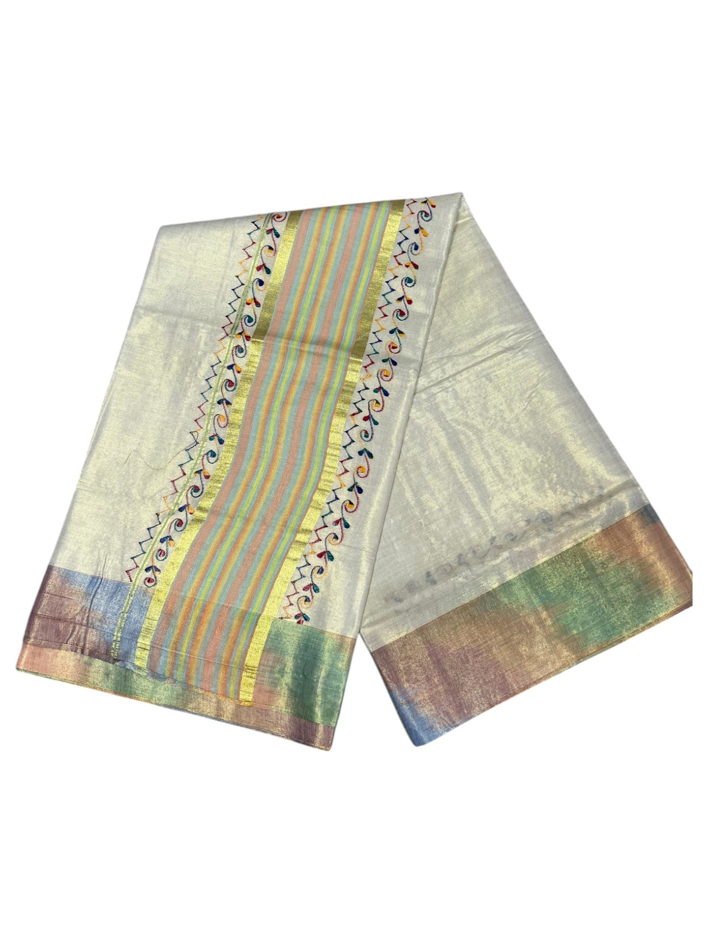 Southloom Kerala Tissue Kasavu Saree with Multi Colour Pochampally Design on Borders and Kara