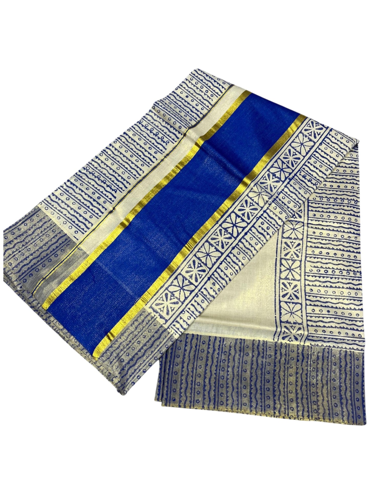 Southloom Tissue Kerala Kasavu Saree with Block Print on Body and Borders in Blue