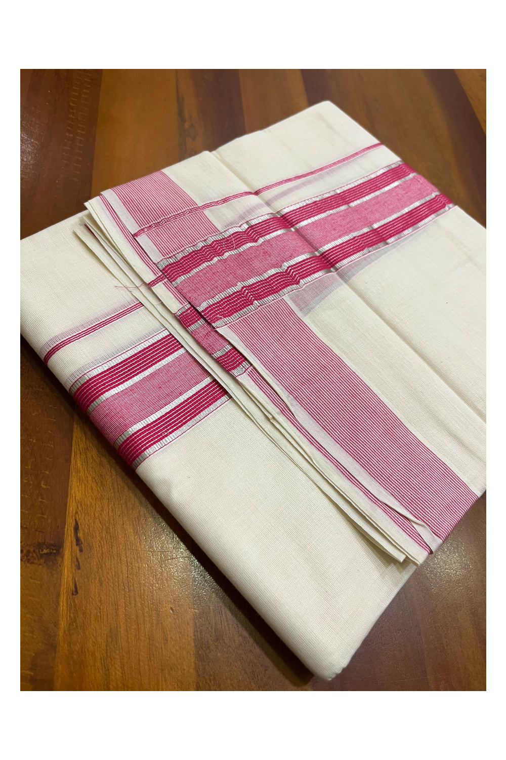 Off White Pure Cotton Double Mundu with Silver Kasavu Lines and Dark Pink Border (South Indian Dhoti)