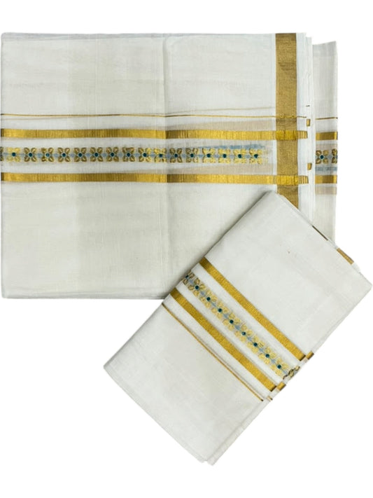 Southloom Premium Cotton Handloom Set Mundu With Peacock Green Woven Dots Design And Golde Kasavu Border (2.80 Mtr) SL632