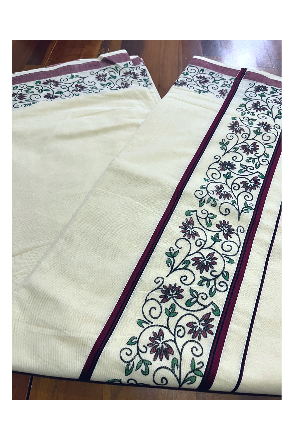 Pure Cotton Kerala Saree with Floral Block Prints and Maroon Border