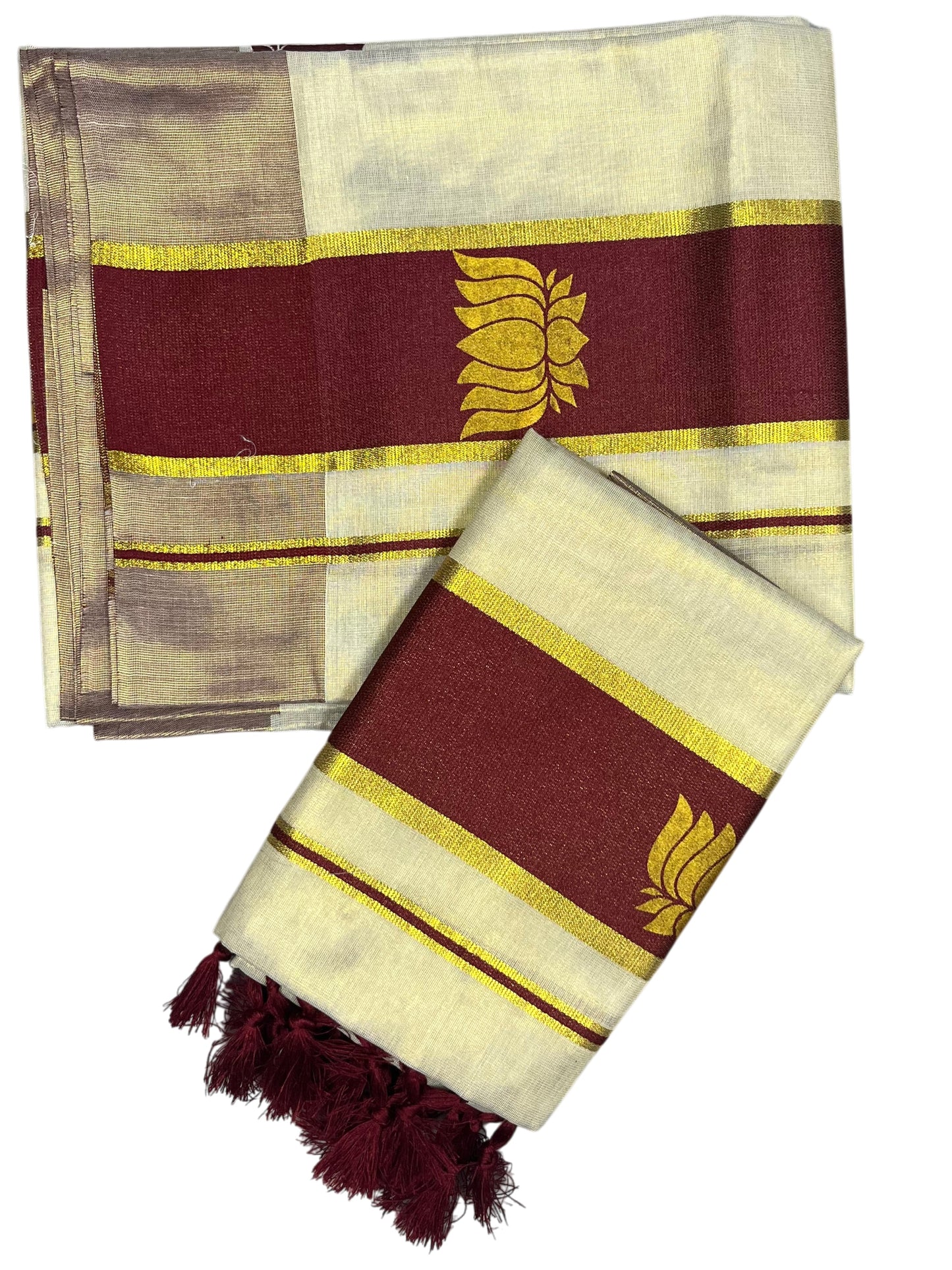 Southloom Kerala Cotton Kasavu Single Set Mundu (Mundum Neriyathum) with Lotus Design in Maroon