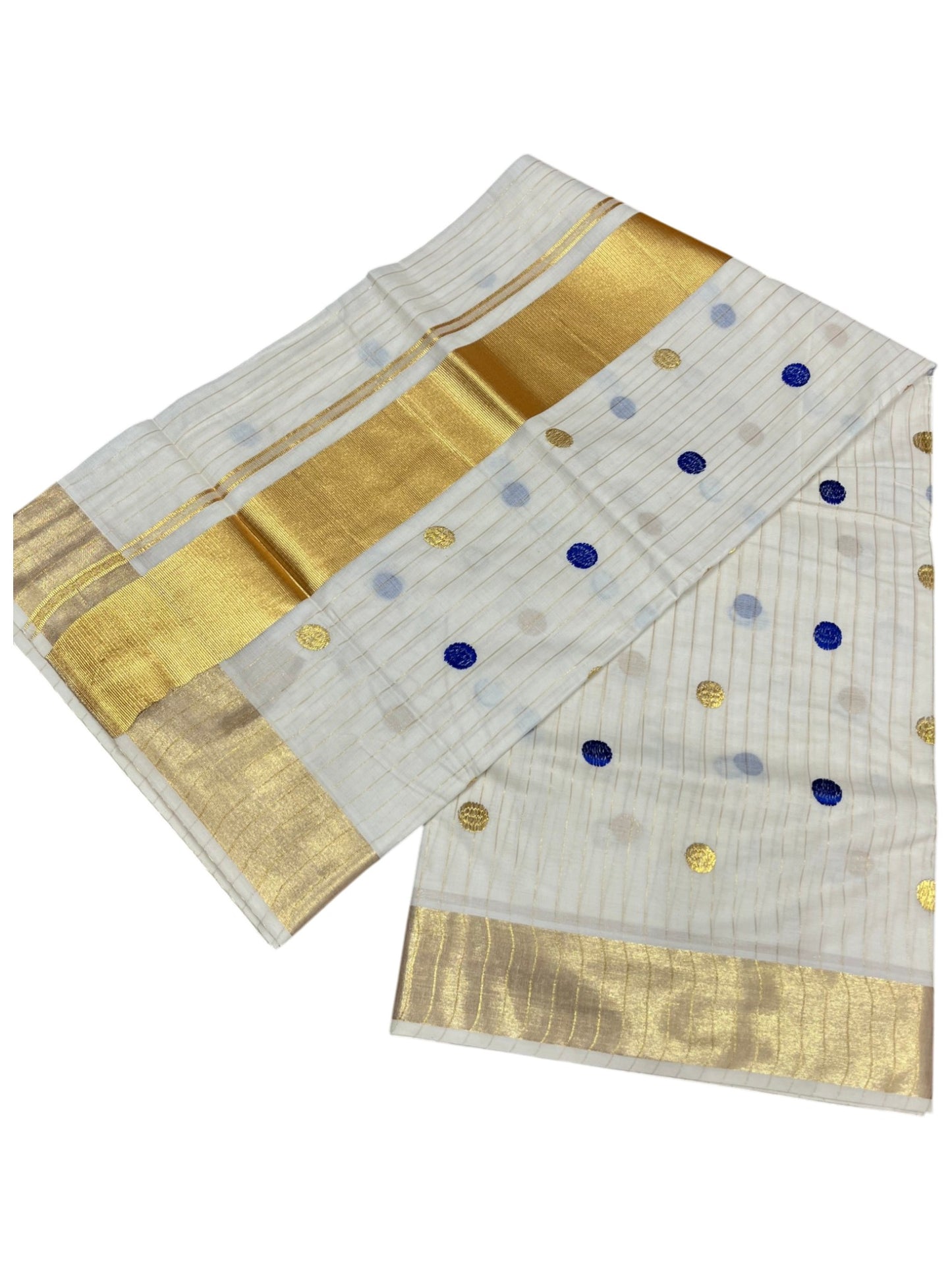 Southloom Kerala Cotton Kasavu Saree with Gold & Blue Polka Embroidery Works on Body SL281