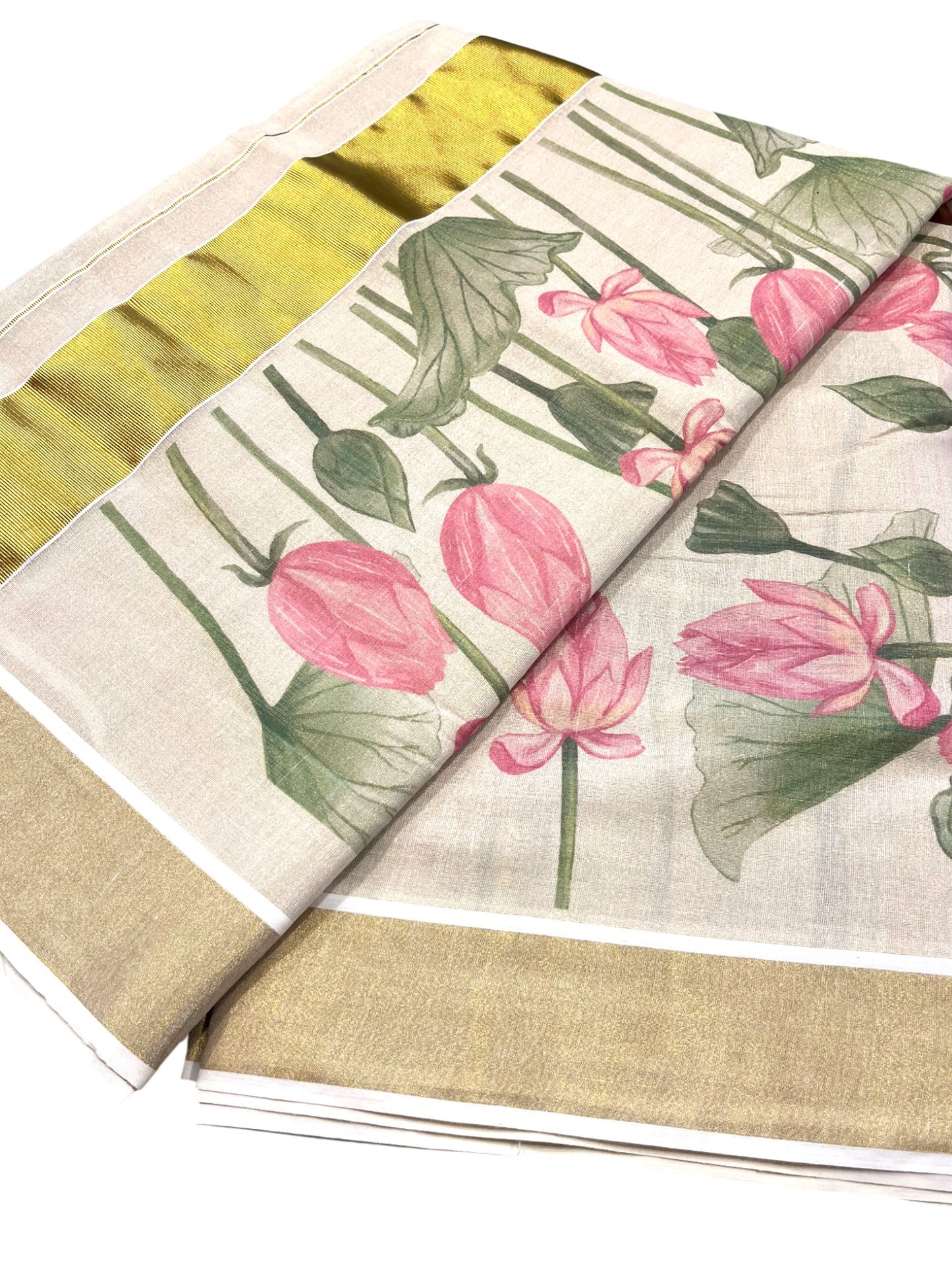 Southloom Kerala Tissue Kasavu Saree with Lotus Digital Prints on Border