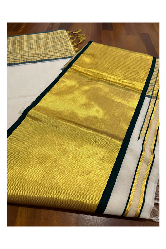 Southloom Handloom Premium Cotton Saree with Green and Kasavu Check Design Border