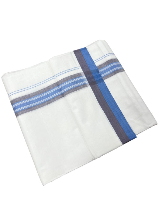Southloom Pure Cotton Mundu with Blue & Gray Border (South Indian Kerala Dhoti)