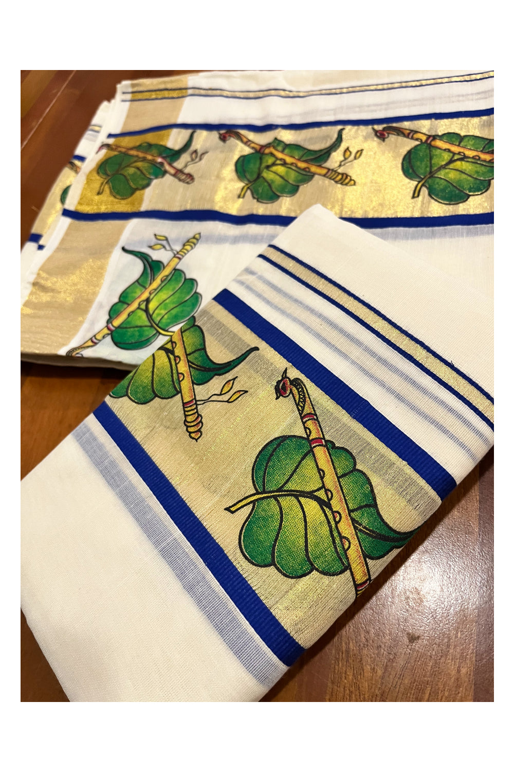 Kerala Cotton Single Set Mundu (Mundum Neriyathum) with Leaf and Flute Block Prints on Kasavu Blue Border