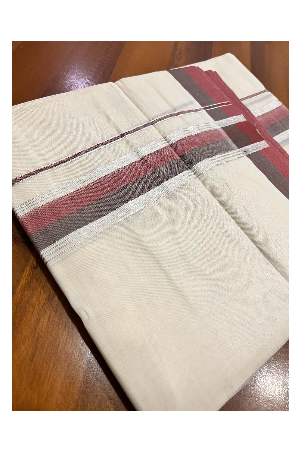 Kerala Pure Cotton Double Mundu with Maroon Brown and Silver Kasavu Border (South Indian Kerala Dhoti)