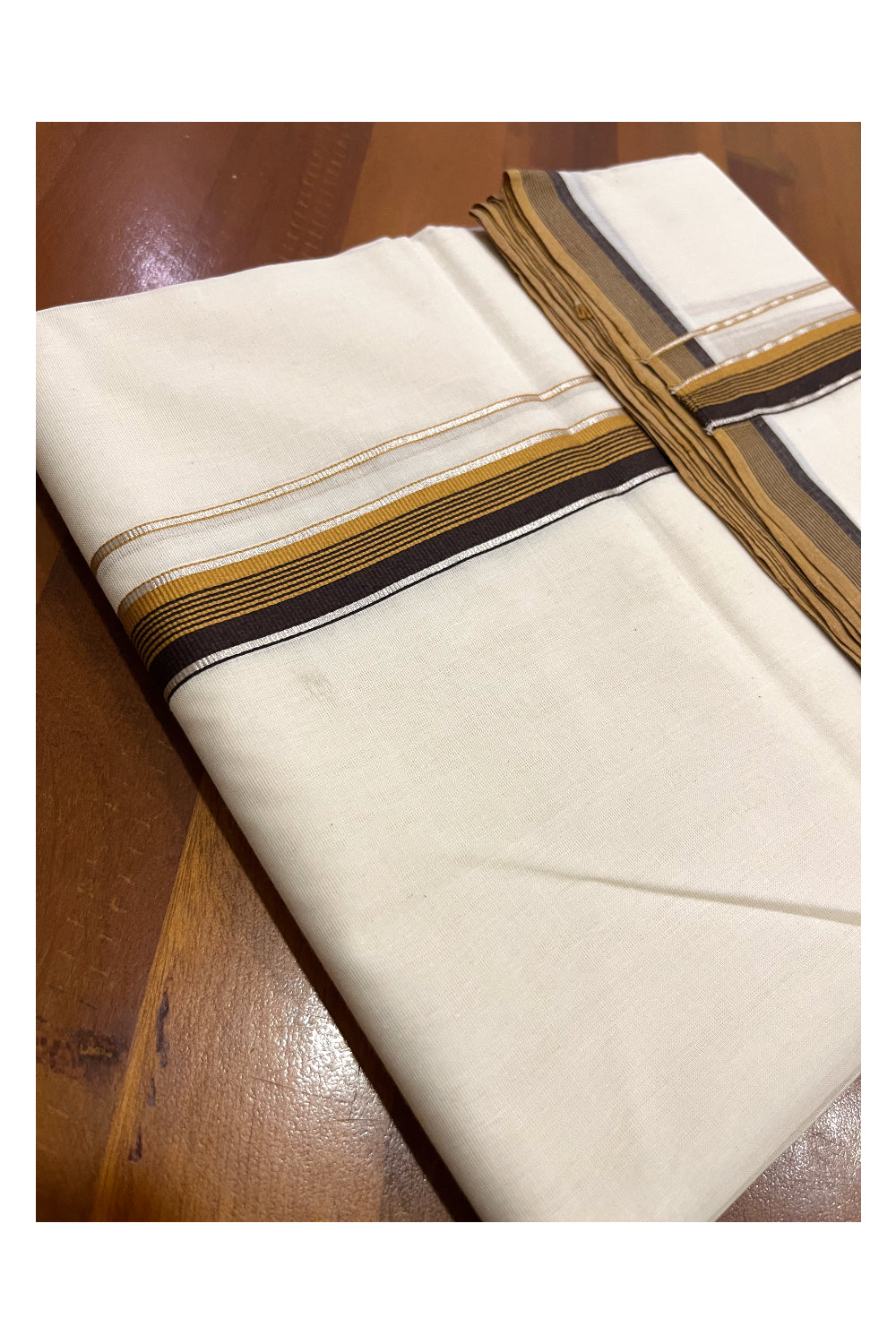 Southloom Premium Balaramapuram Unakkupaavu Handloom Mundu with Yellow Brown and Silver Kasavu Border (South Indian Kerala Dhoti)