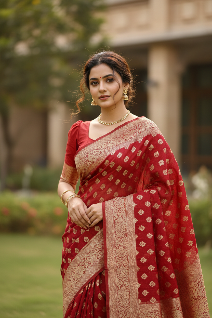 Southloom Cotton Banarasi Silk Saree with Woven Work on Body and Borders (Red)