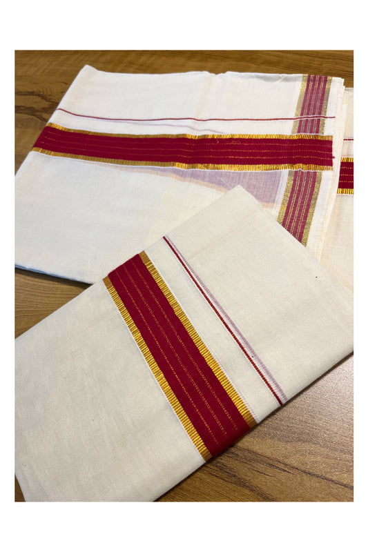 Kerala Cotton Mundum Neriyathum Single (Set Mundu) with Maroon and Kasavu Border