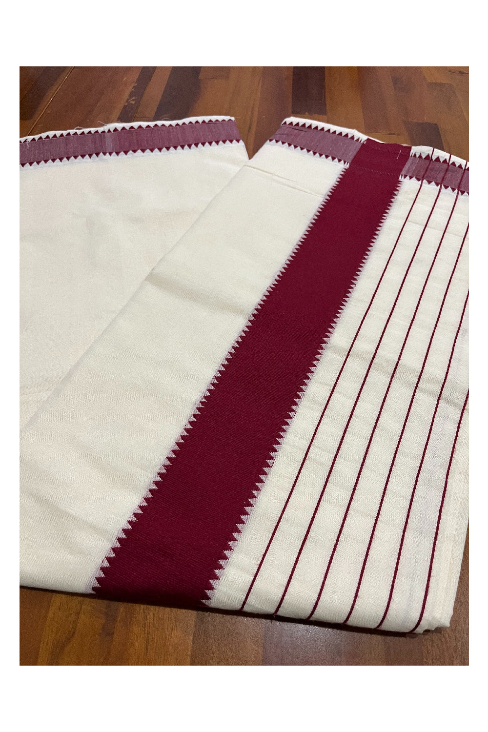 Kerala Cotton Saree with Maroon Temple Border and Lines Design on Pallu