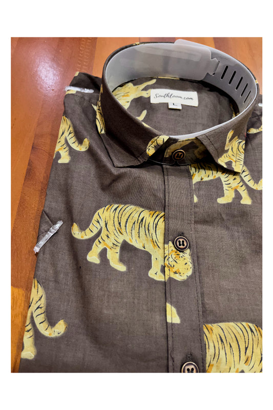 Southloom Jaipur Cotton Tiger Hand Block Printed Brown Shirt (Half Sleeves)