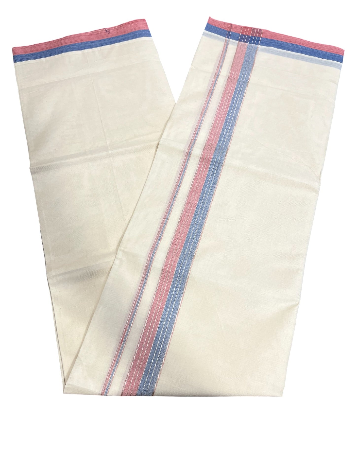 Southloom Kerala Pure Cotton Double Mundu with Pink & Blue Border (South Indian Dhoti)