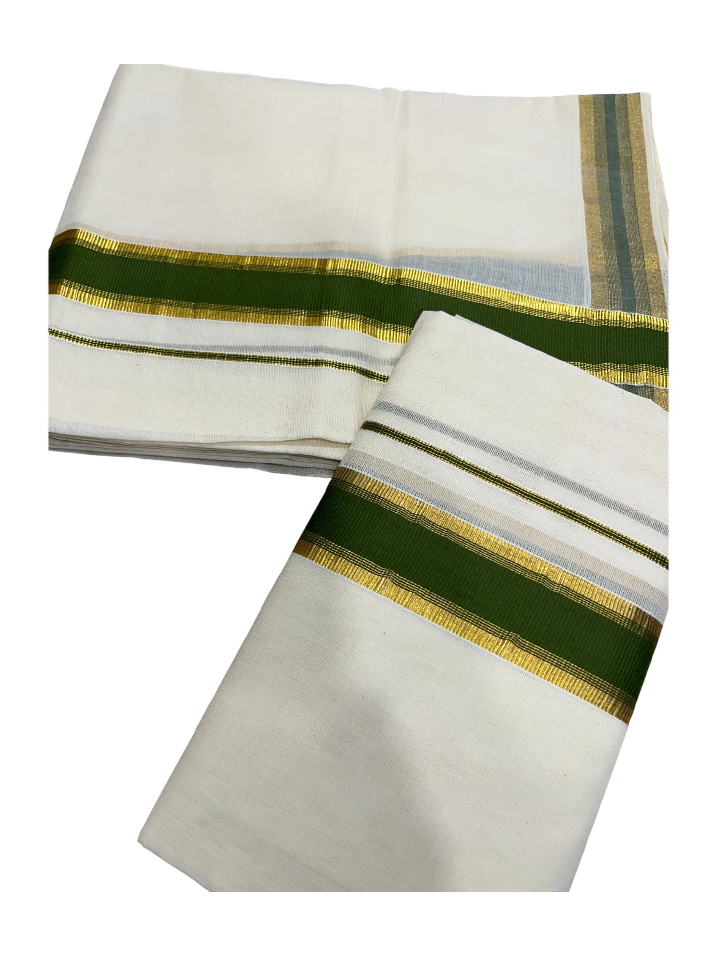 Kerala Cotton Set Mundu (Mundum Neriyathum) with Kasavu and Green Border