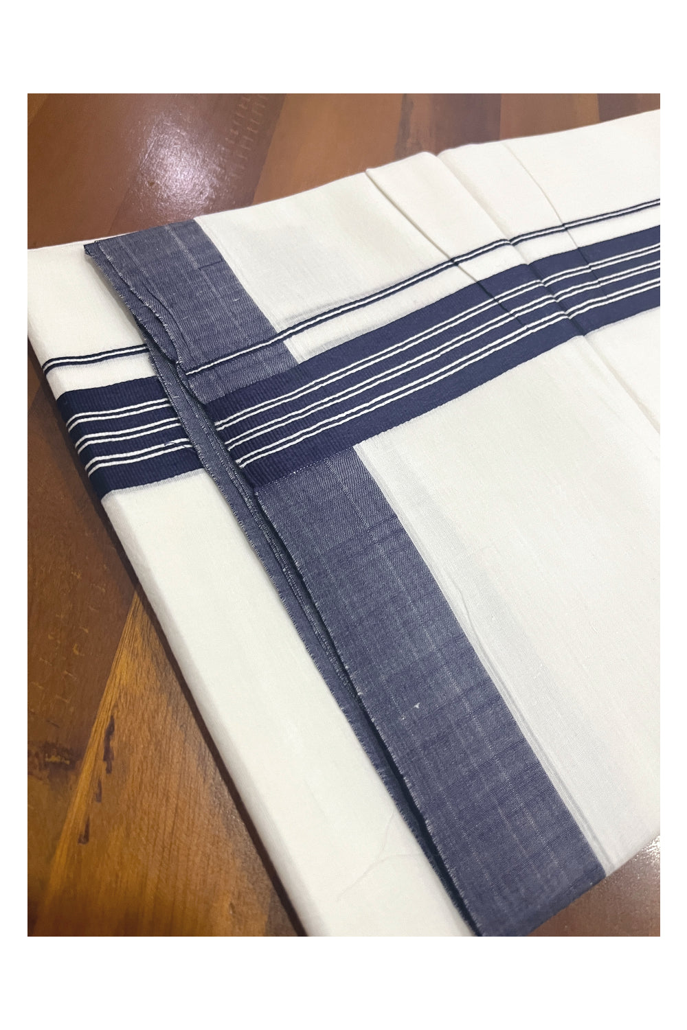 Pure White Cotton Double Mundu with Navy Blue Lines Border (South Indian Kerala Dhoti)