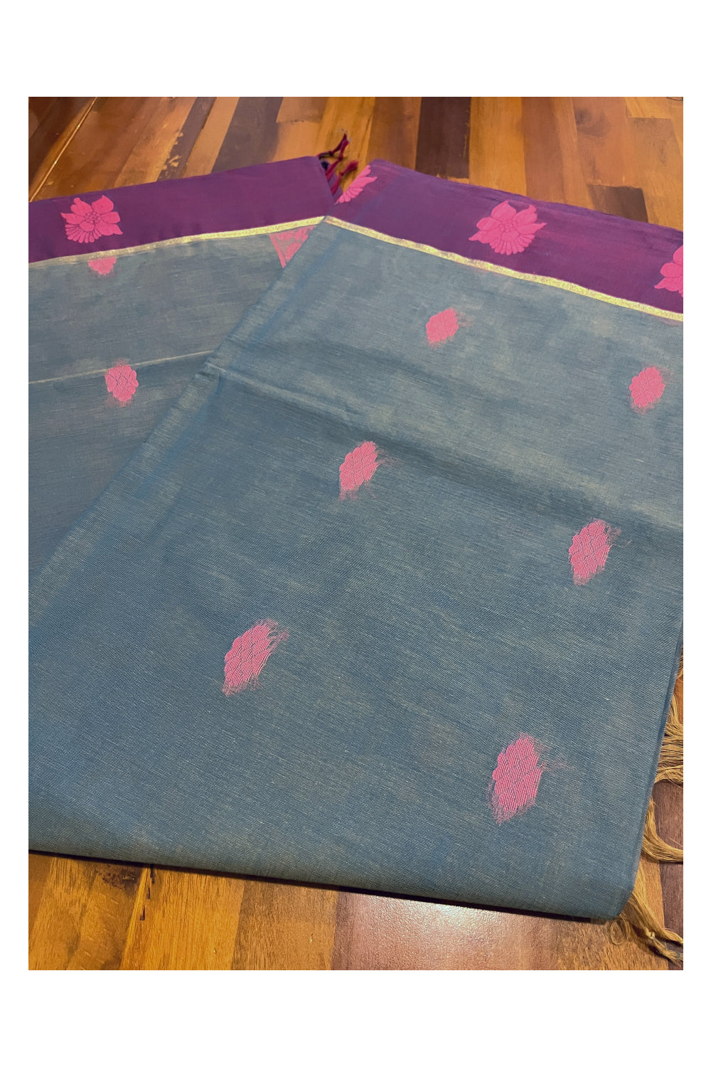 Southloom Cotton Blue Saree with Magenta Floral Woven Border