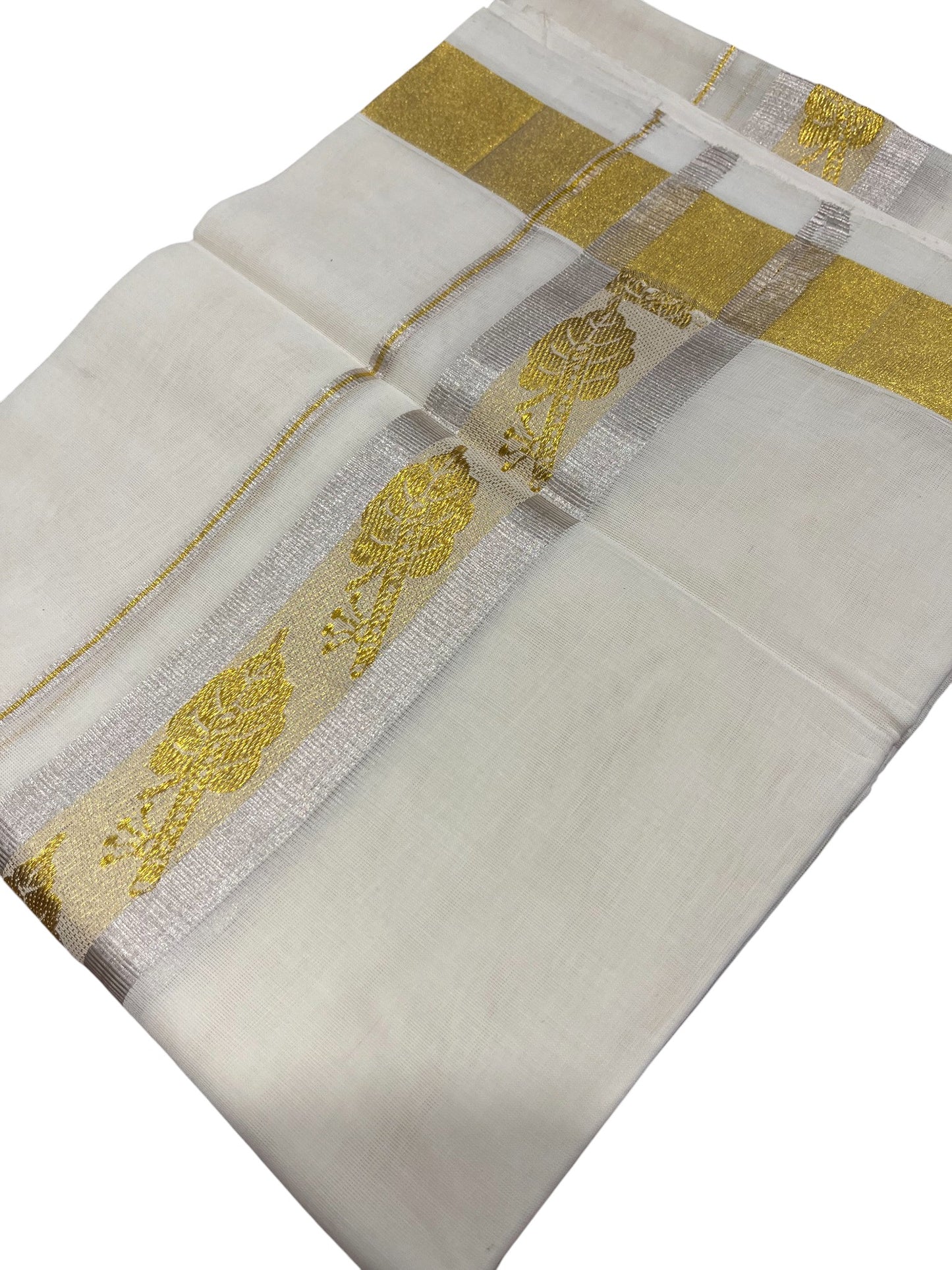Southloom Premium Handloom Cotton Double Mundu with Gold And Woven Work Kasavu Border