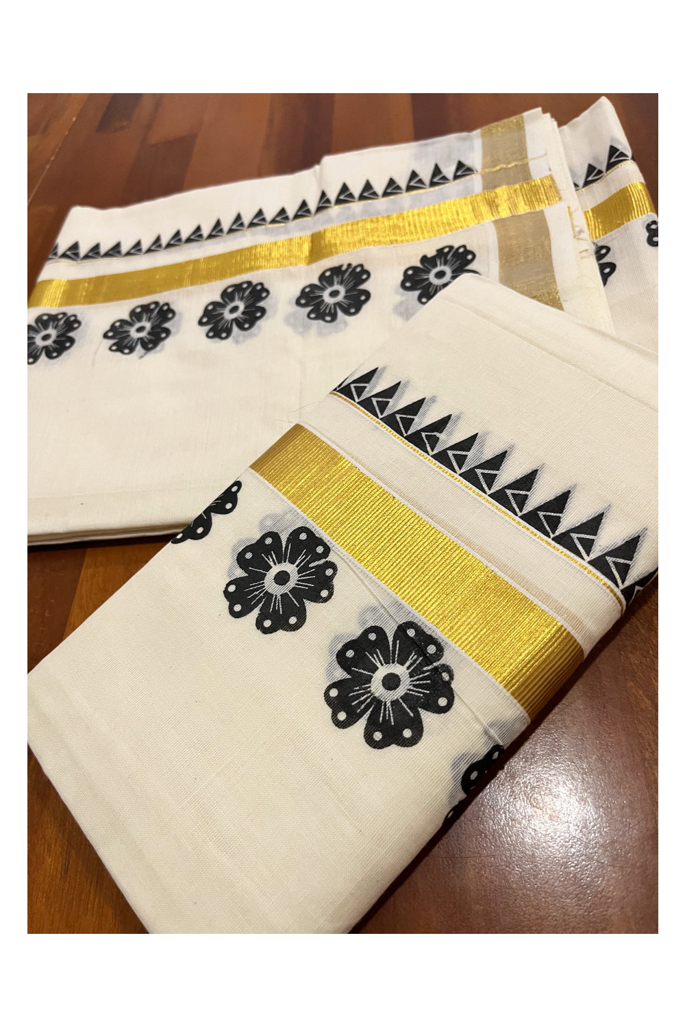 Kerala Pure Cotton Kasavu Set Mundu Single (Mundum Neriyathum) with Black Block Prints and Temple Border 2.80 Mtrs