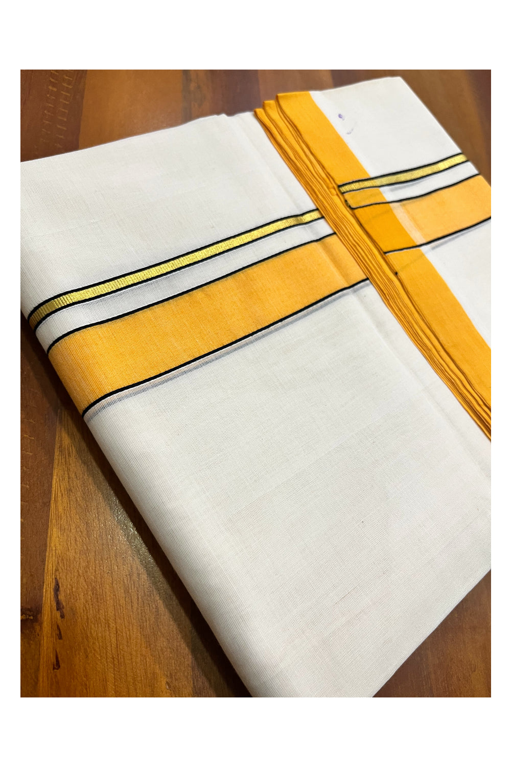 Premium Balaramapuram Handloom Unakkupaavu Cotton Double Mundu with Orange Border (Vishu 2024 Collection)