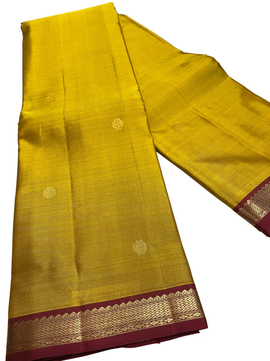 Southloom Premium Handloom Bridal Kanchipuram Silk Saree with Koravi Works (Yellow & Maroon)