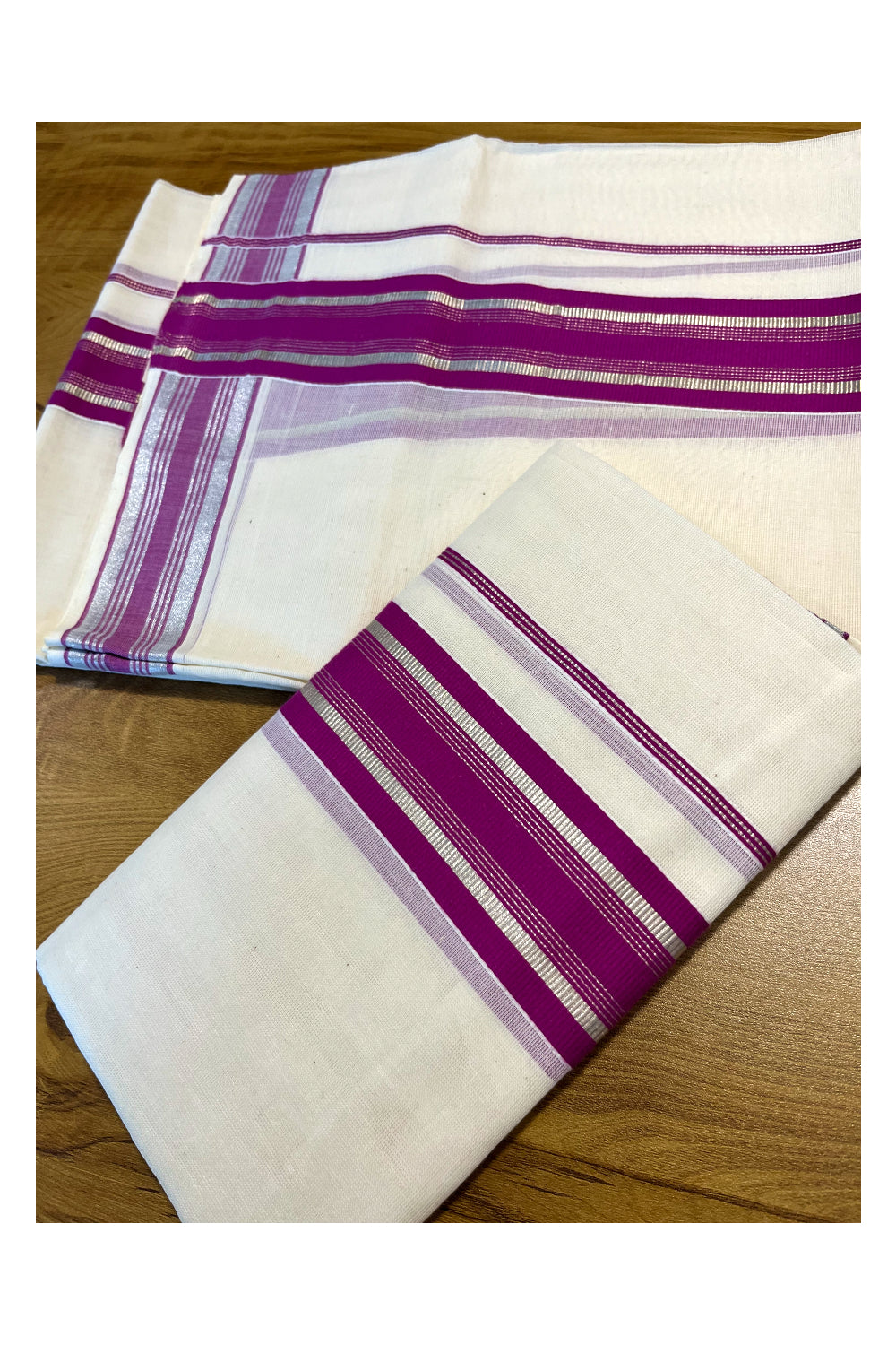 Kerala Cotton Set Mundu (Mundum Neriyathum) with Silver Kasavu and Magenta Border 2.80 Mtrs