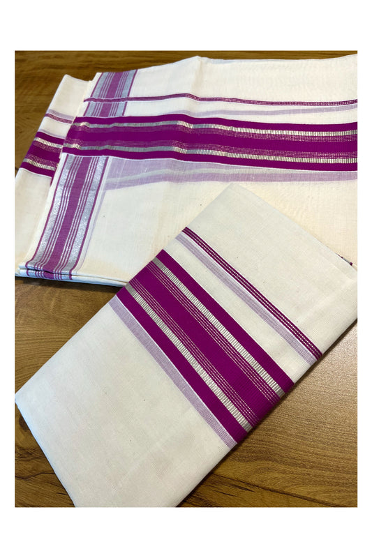 Kerala Cotton Set Mundu (Mundum Neriyathum) with Silver Kasavu and Magenta Border 2.80 Mtrs