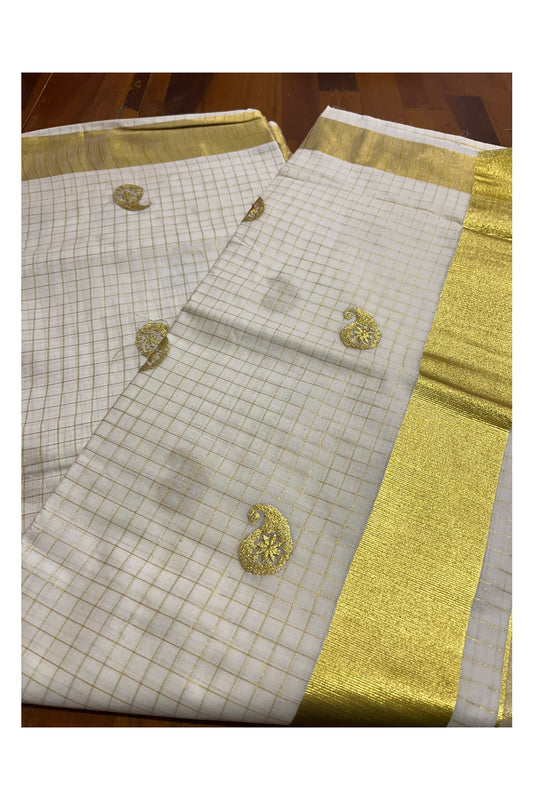 Kerala Cotton Saree with Kasavu Checks and Paisley Woven Designs on Body