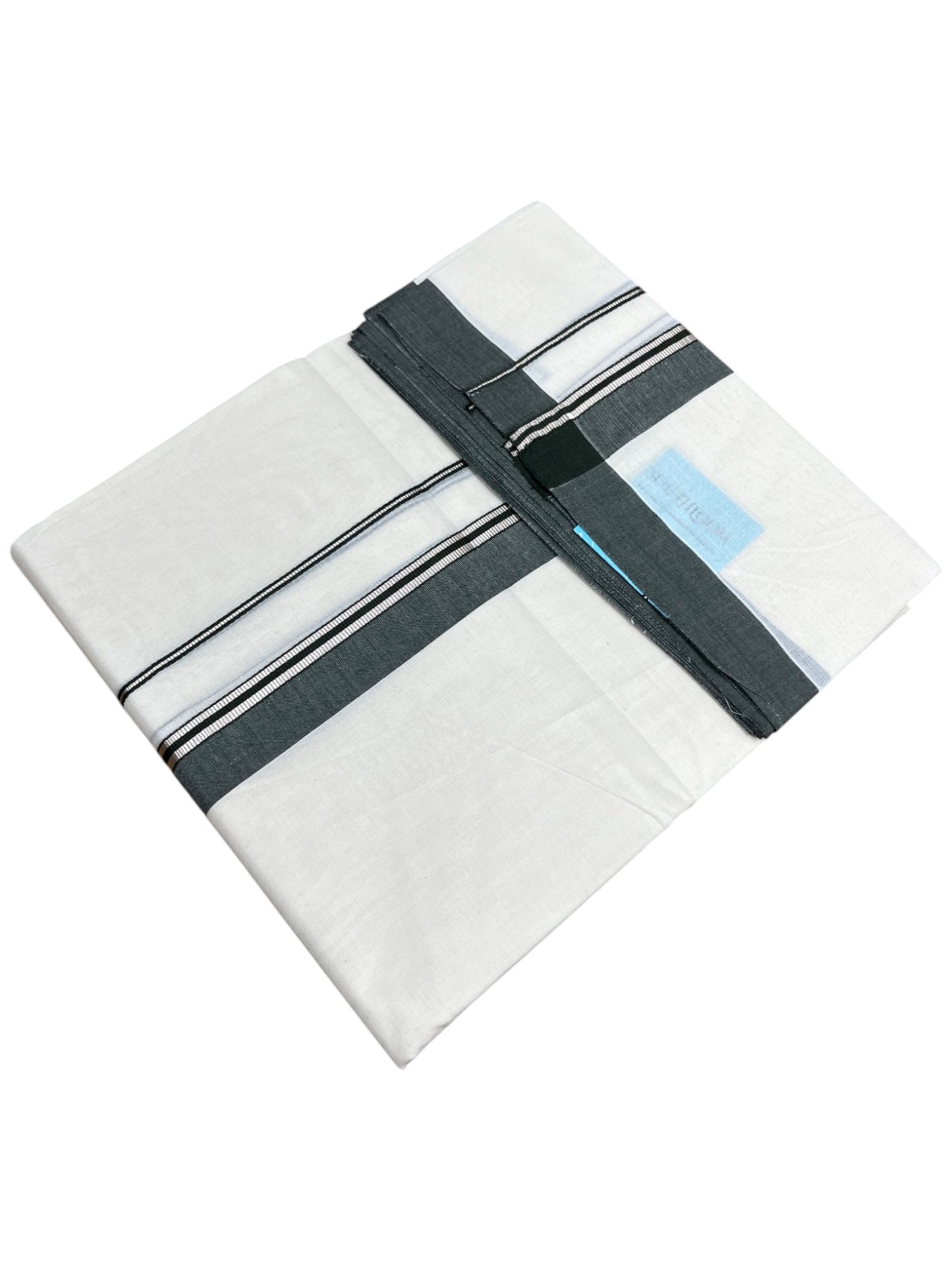 Southloom Pure Cotton Mundu with Silver Lines and Dark Green Border (South Indian Kerala Dhoti)