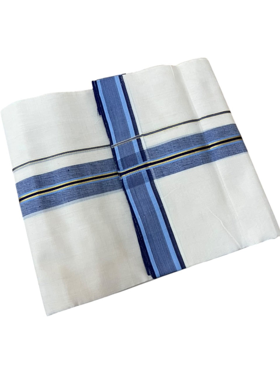 Southloom Balaramapuram Unakkupaavu Premium Handloom Cotton Double Mundu with Gold Kasavu and Blue Border