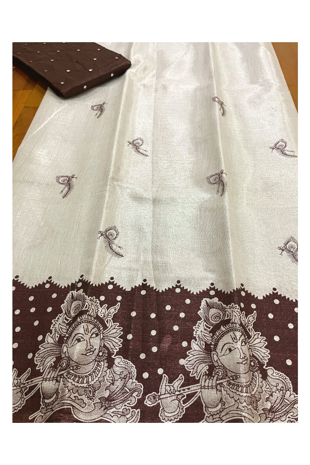 Kerala Silver Tissue Block Printed Pavada and Brown Designer Blouse Material for Kids/Girls 4.3 Meters