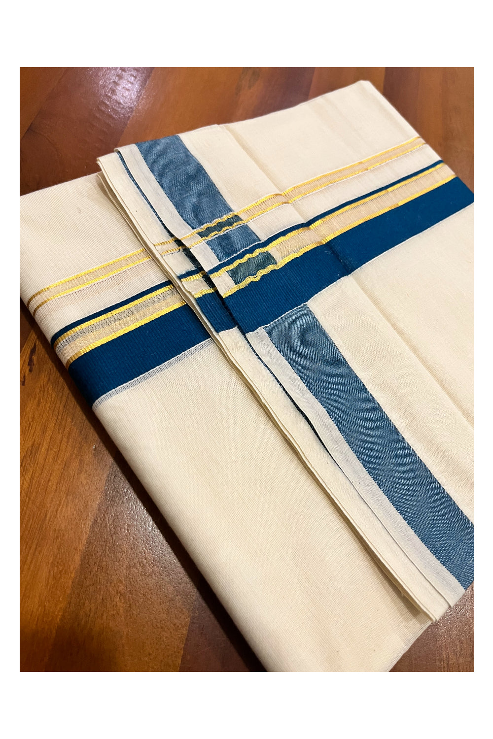 Kerala Pure Cotton Double Mundu with Teal Blue and Kasavu Border (South Indian Kerala Dhoti)