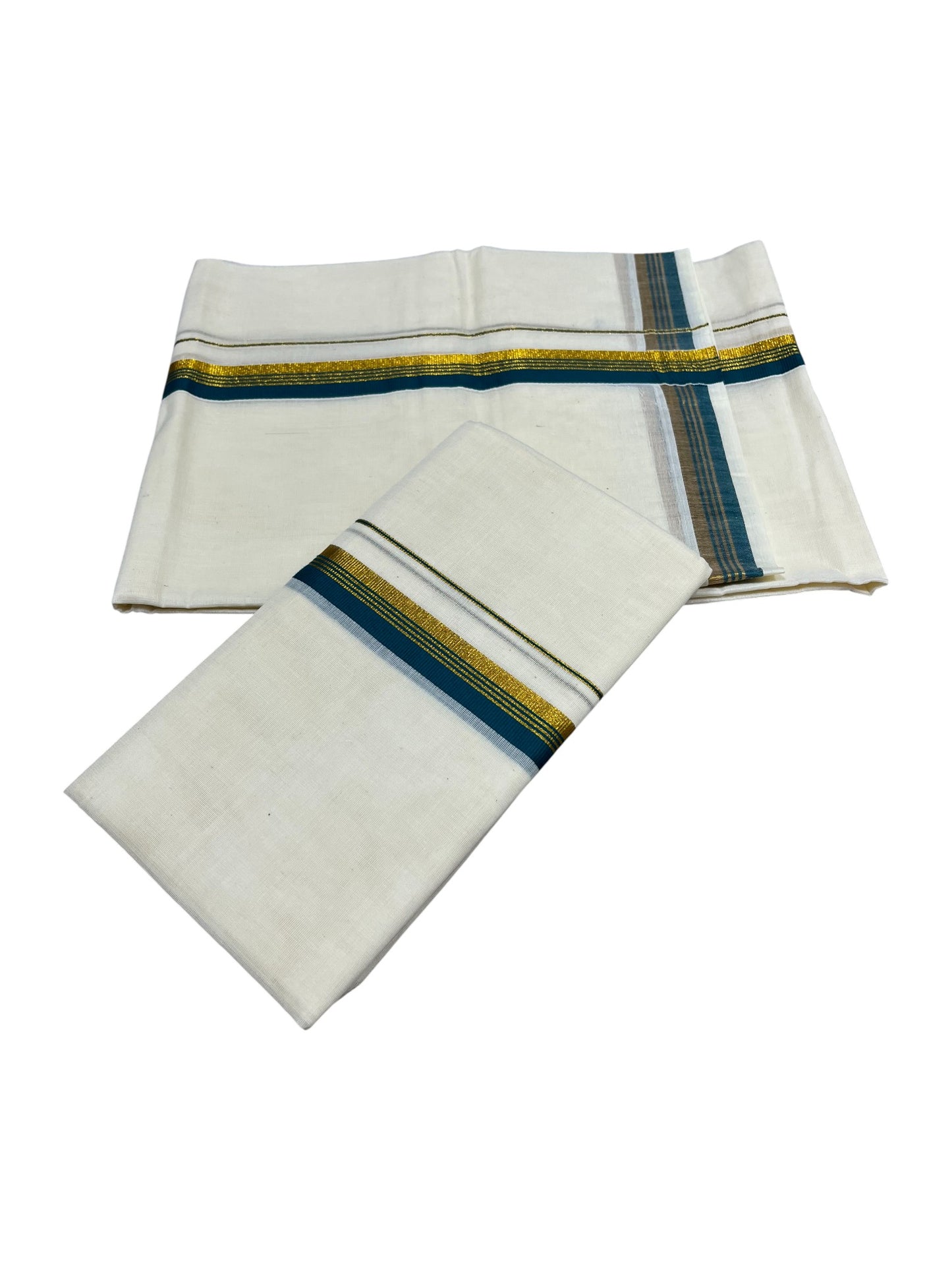 Pure Cotton Kerala Single Set Mundu (Mundum Neriyathum) with Peacock Green Kasavu Border in 2.80 Mtrs