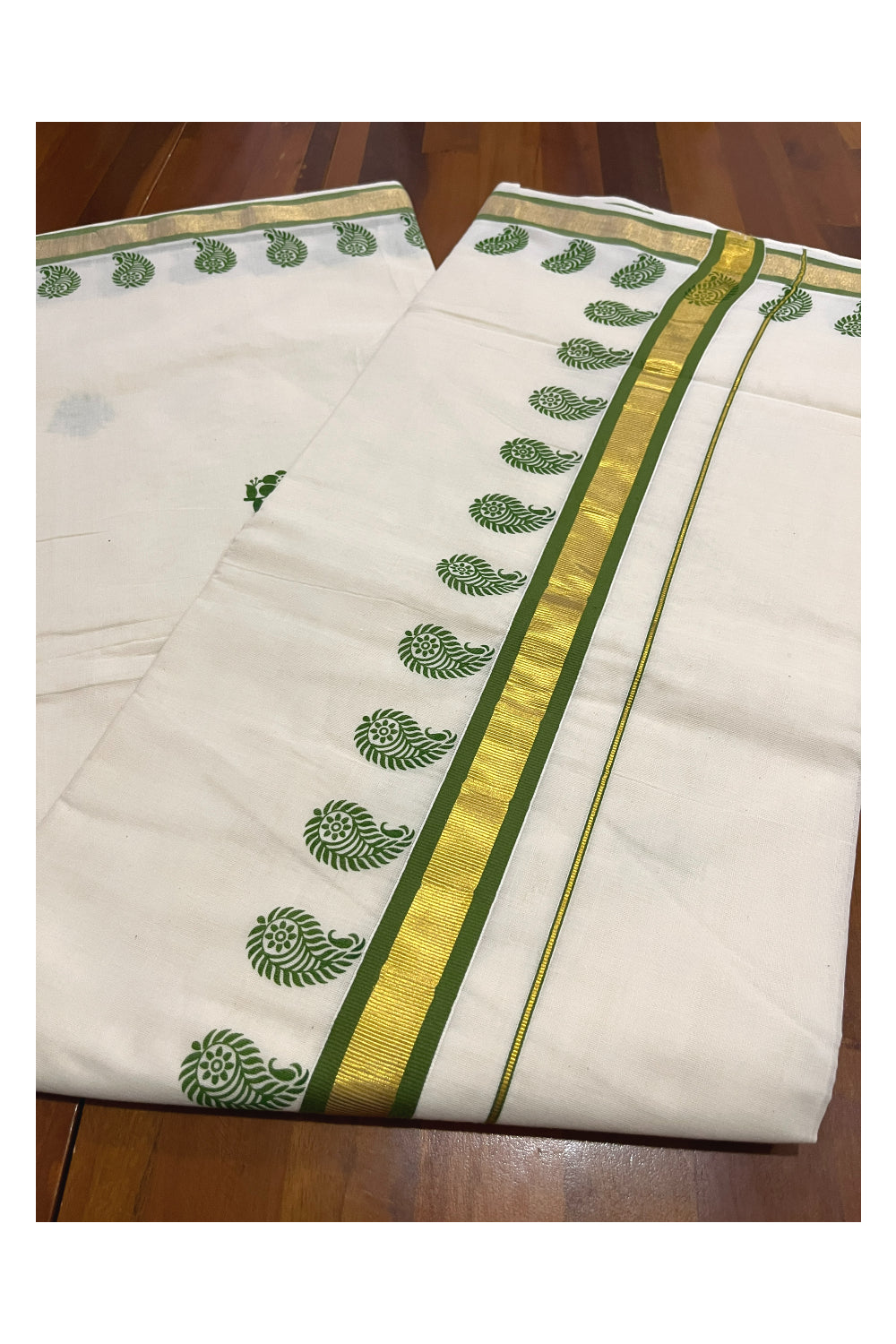 Pure Cotton Kerala Kasavu Saree with Green Floral Block Printed Design