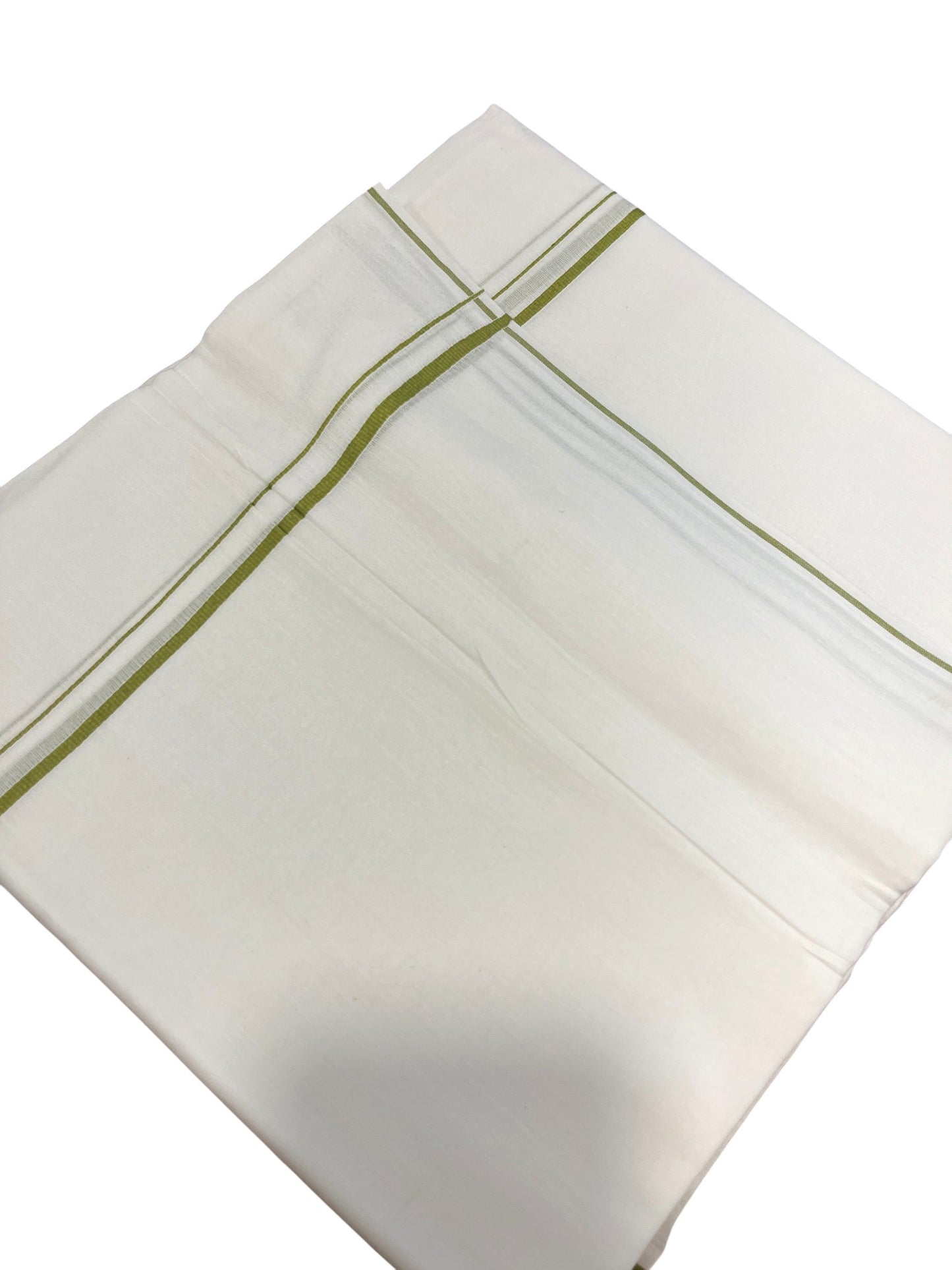 Pure White Cotton Double Mundu with  Green PuliyilaKara (South Indian Dhoti)