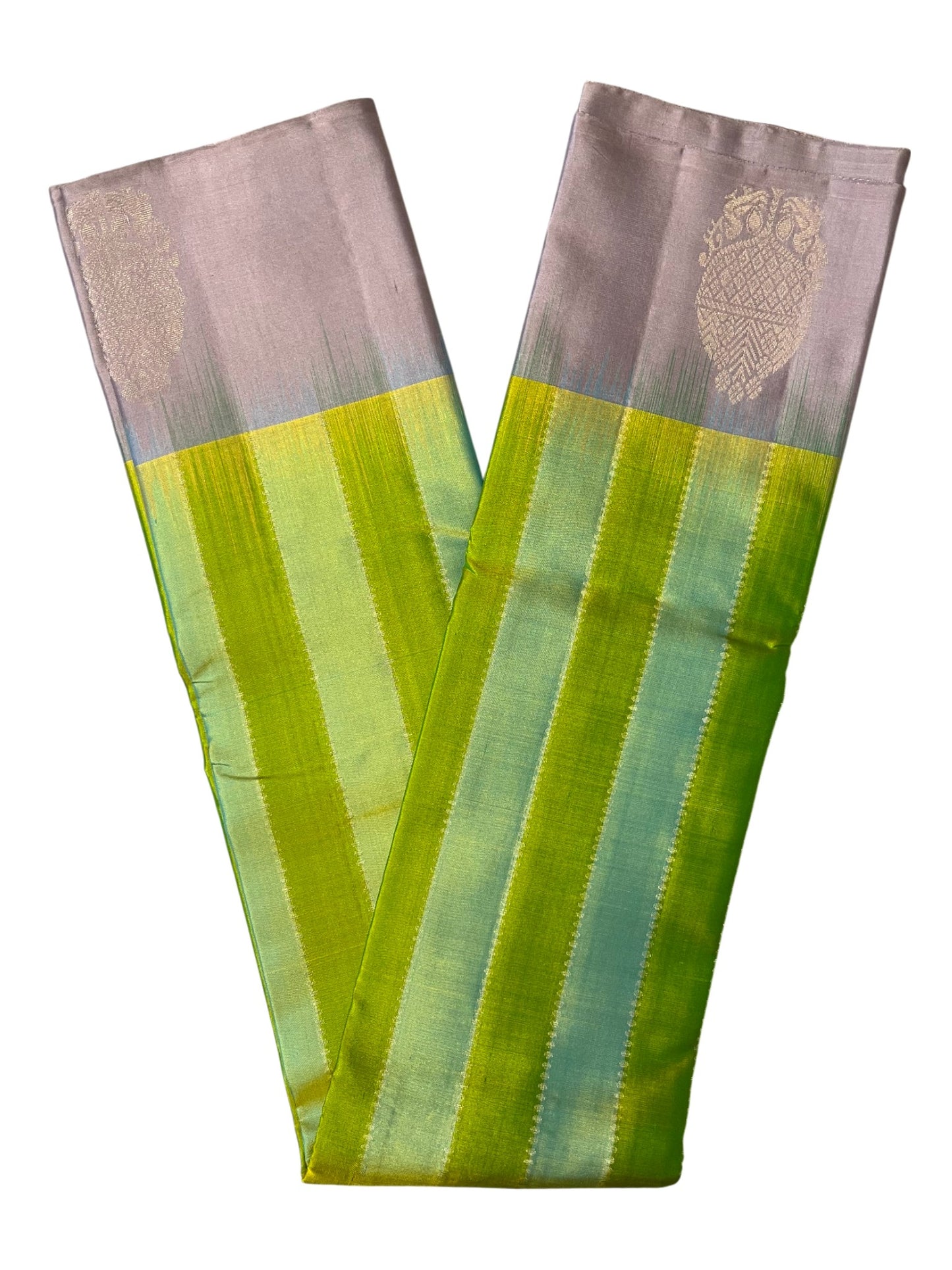 Southloom Pure Handloom Bridal Kanchipuram Silk Saree with Korvai Work (Green & Grey)