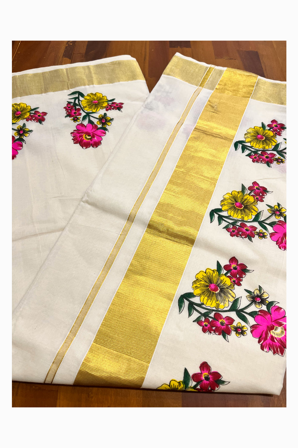 Pure Cotton Kerala Kasavu Saree with Magenta Floral Block Prints with Kasavu Border (Vishu 2024 Collection)