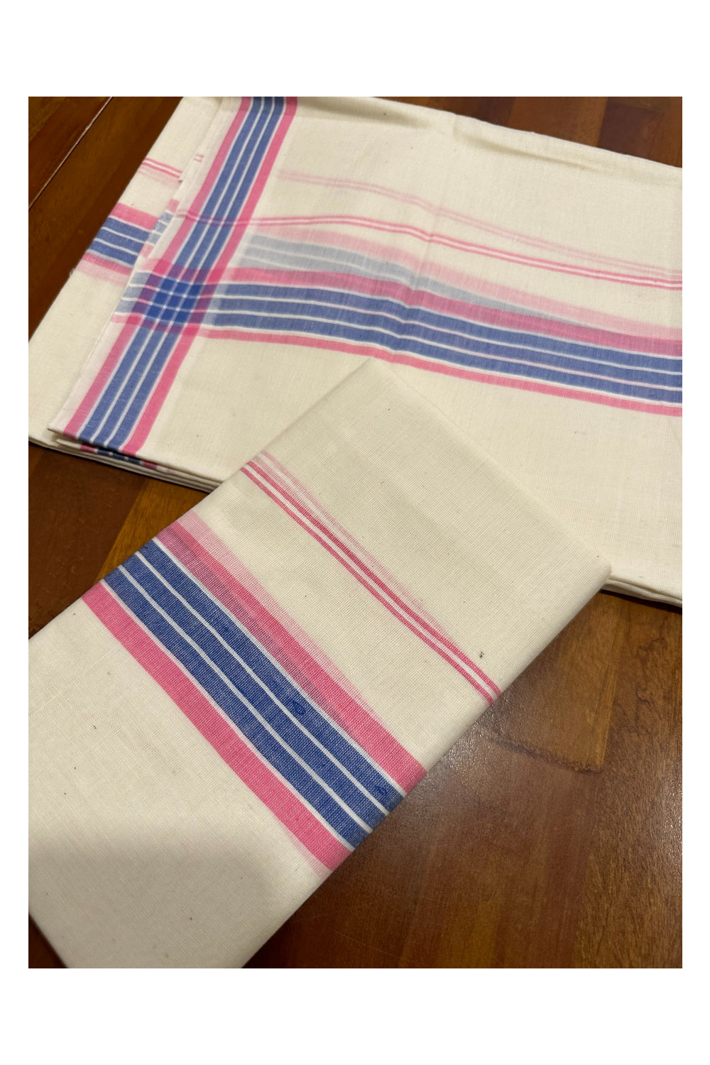 Kerala Mulloth Soft Cotton Mundum Neriyathum Single with Pink and Blue Border (Onam Set Mundu 2023)