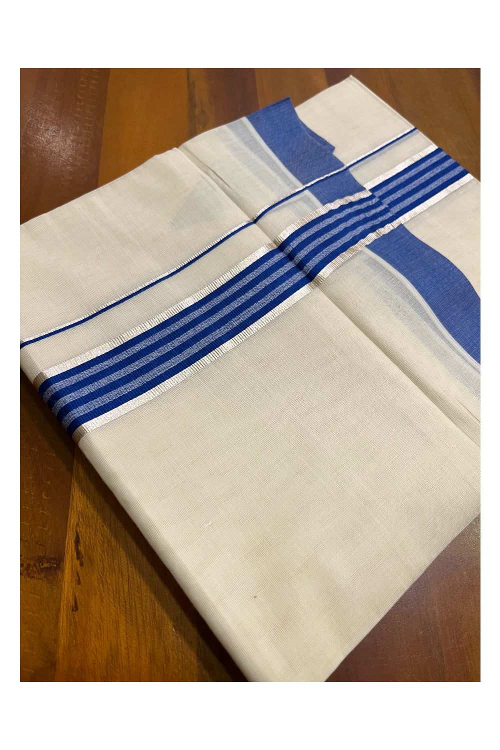 Kerala Pure Cotton Double Mundu with Silver Kasavu and Blue Border (South Indian Kerala Dhoti)