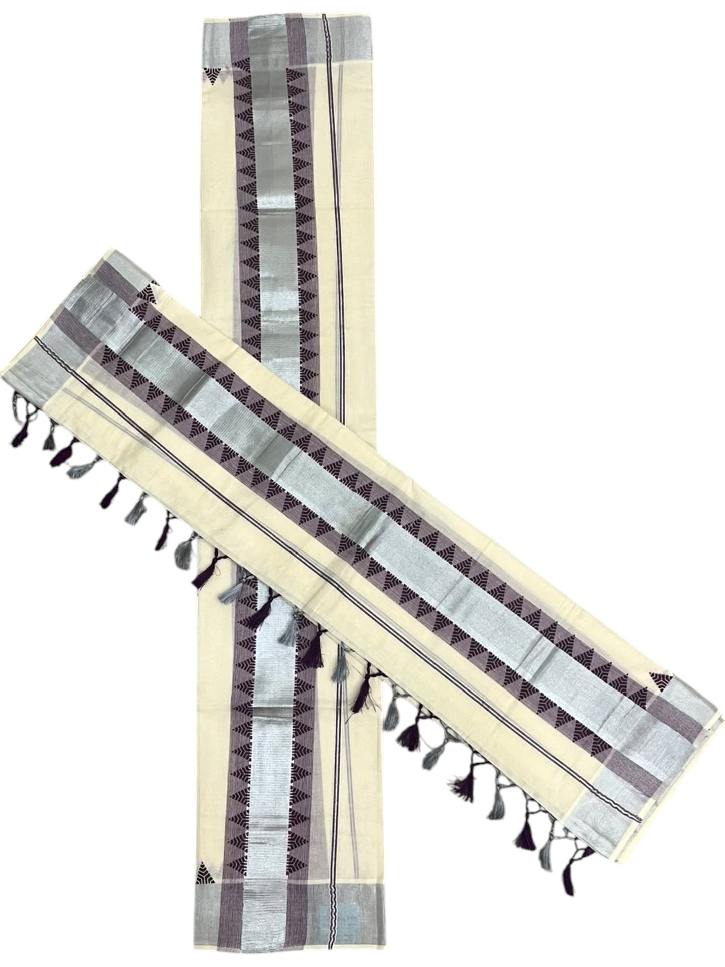 Cotton Single Set Mundu (Mundu Neriyathum) Silver Temple Design Works And Purple Border Kasavu in 2.80 Mtrs With Tussles