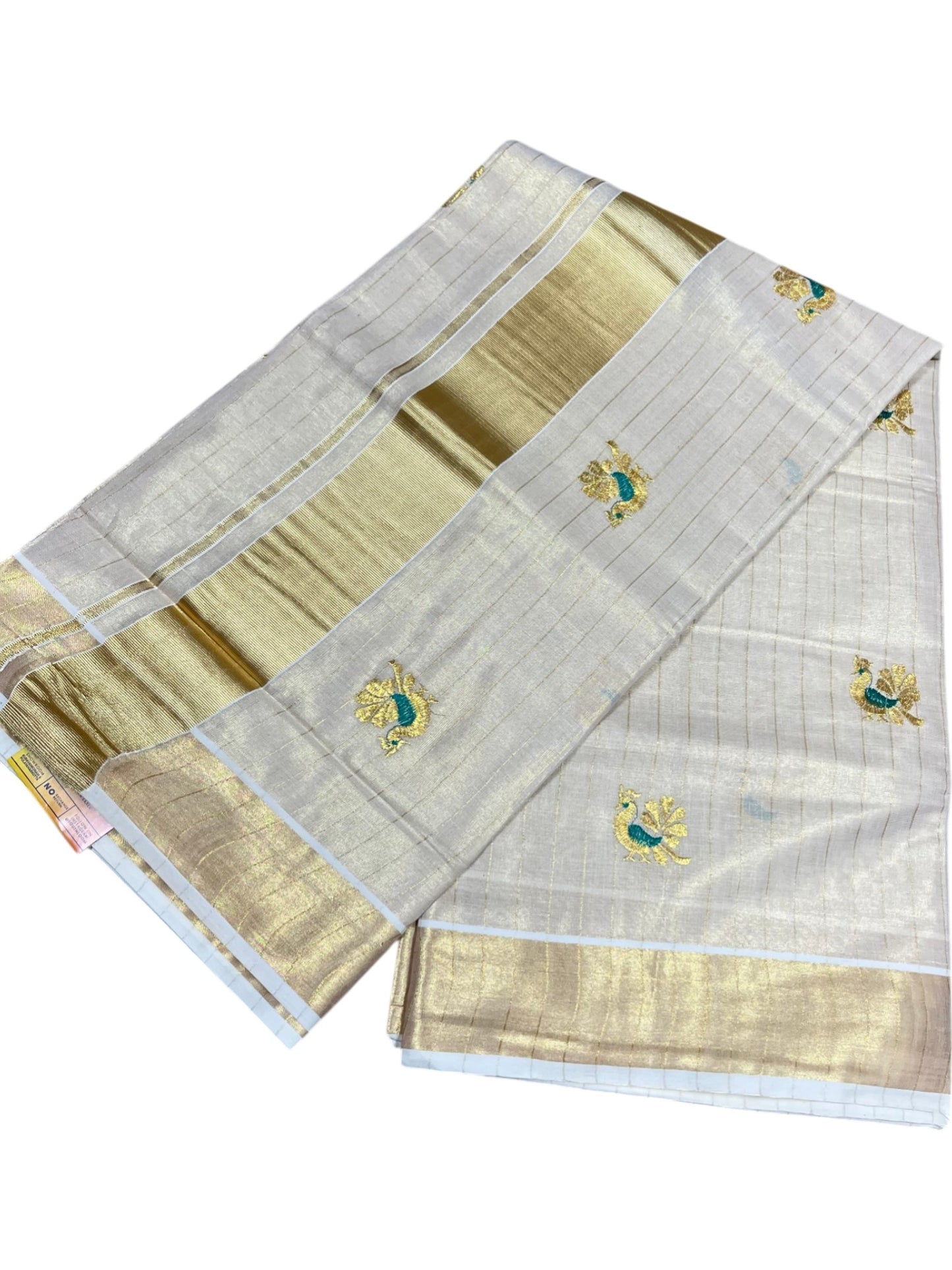 Southloom Tissue Kerala Kasavu Lines Saree with Peacock Embroidery Work on Body in Peacock Green