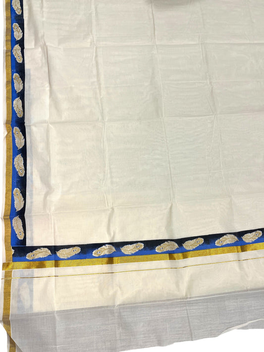 Southloom Cotton Kerala Kasavu Saree with Blue and Black  Hand Painted
