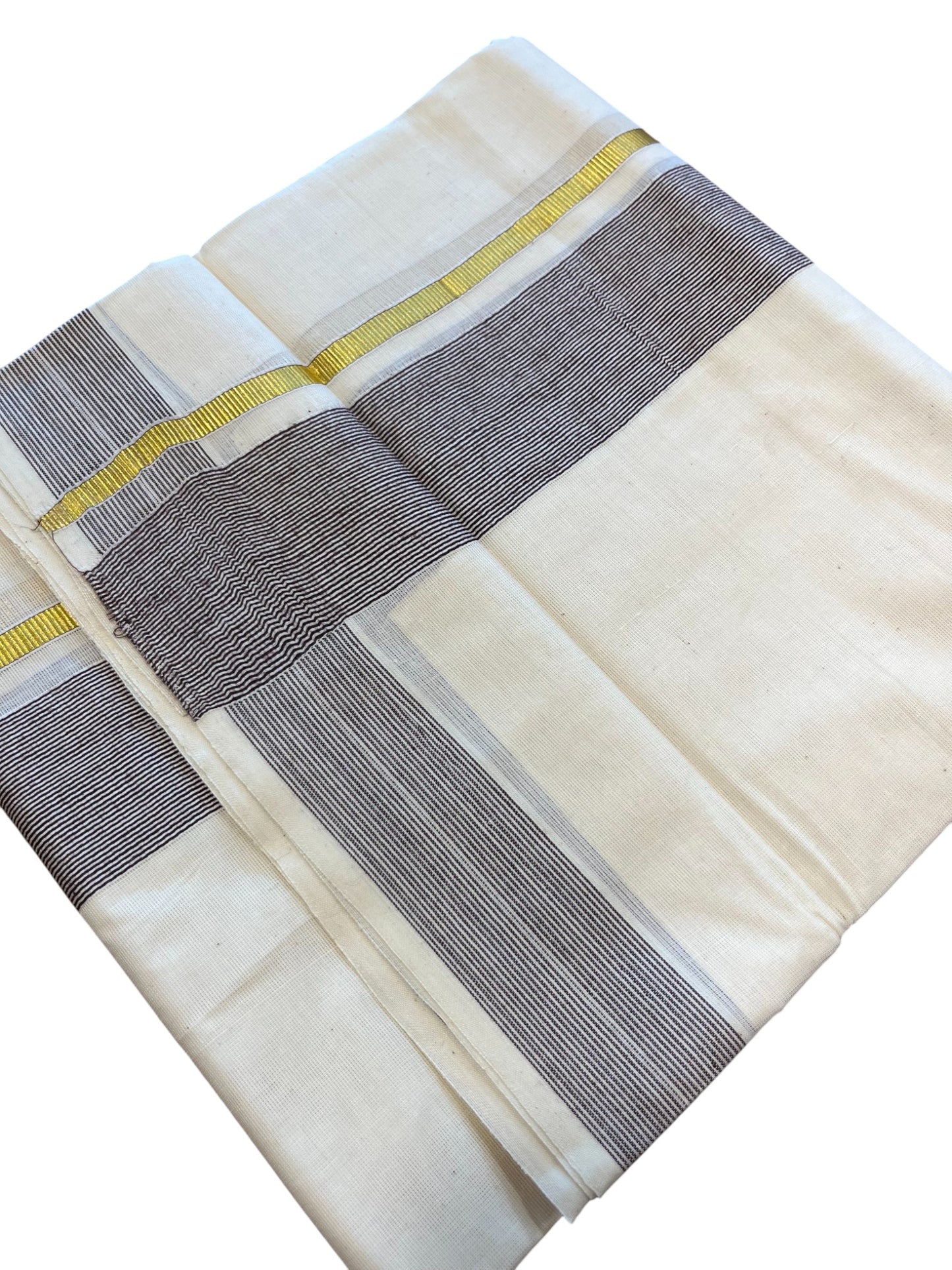 Southloom Kerala Pure Cotton Double Mundu with Gold Lines & Brown Border (South Indian Dhoti)