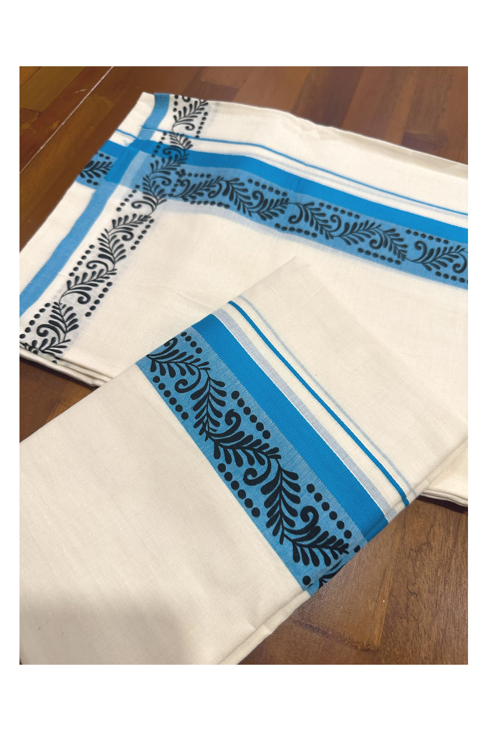 Kerala Cotton Set Mundu (Mundum Neriyathum) with Black Block Prints in Blue Border (Onam Set Mundu 2023)