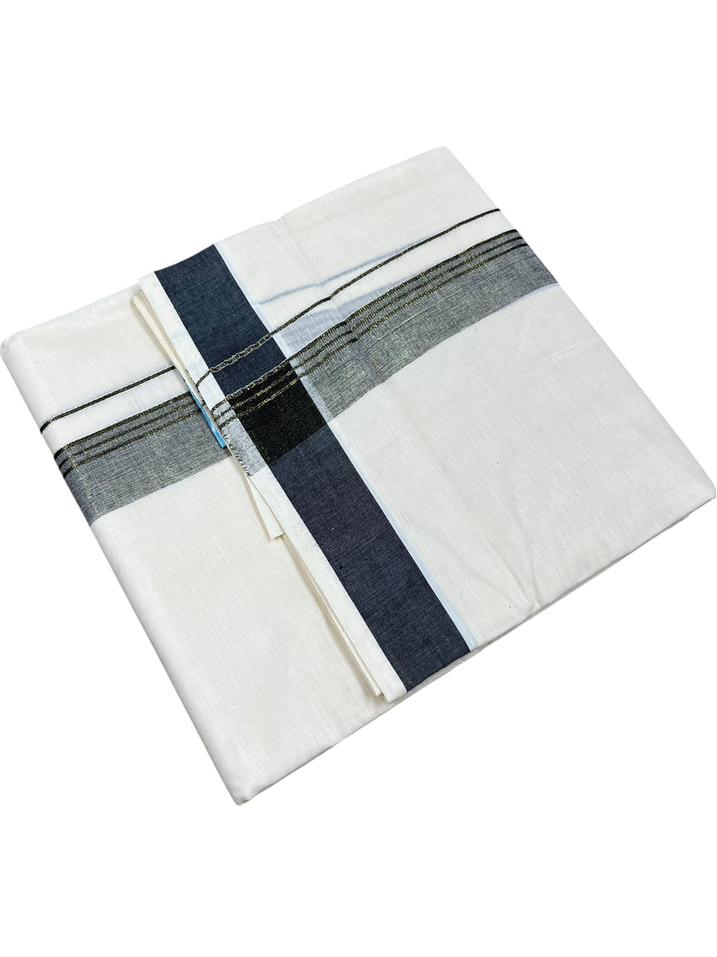 Southloom Kerala Pure Cotton Double Mundu with Black and Olive Green Border (South Indian Dhoti)