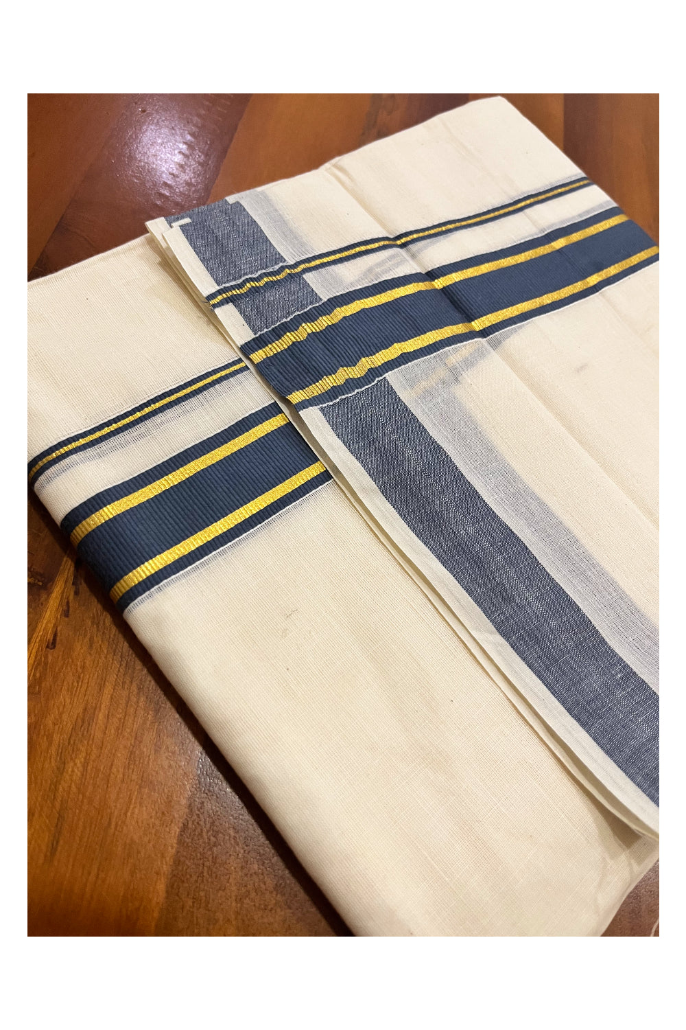 Pure Cotton Mundu with Dark Grey and Kasavu Border (South Indian Kerala Dhoti)